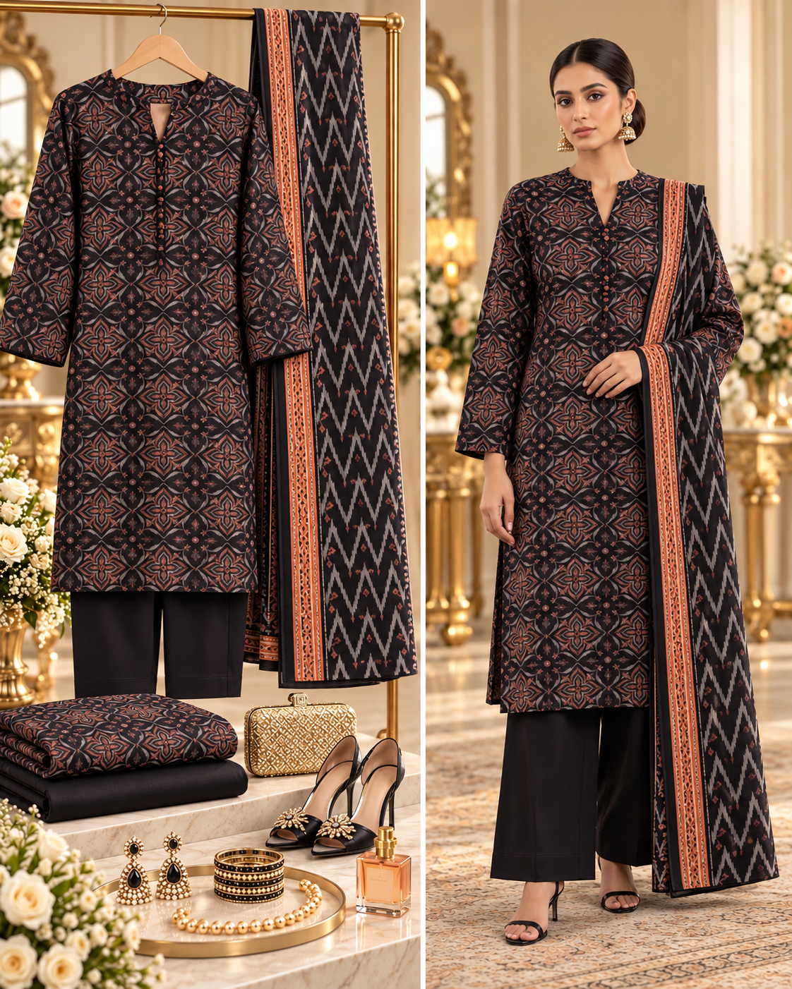 SAYA Black Printed Khaddar 3-Piece Unstitched Suit | U04-26278-P05A - styled showcase