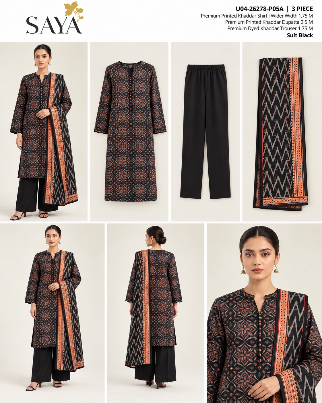 SAYA Black Printed Khaddar 3-Piece Unstitched Suit | U04-26278-P05A - product lookbook
