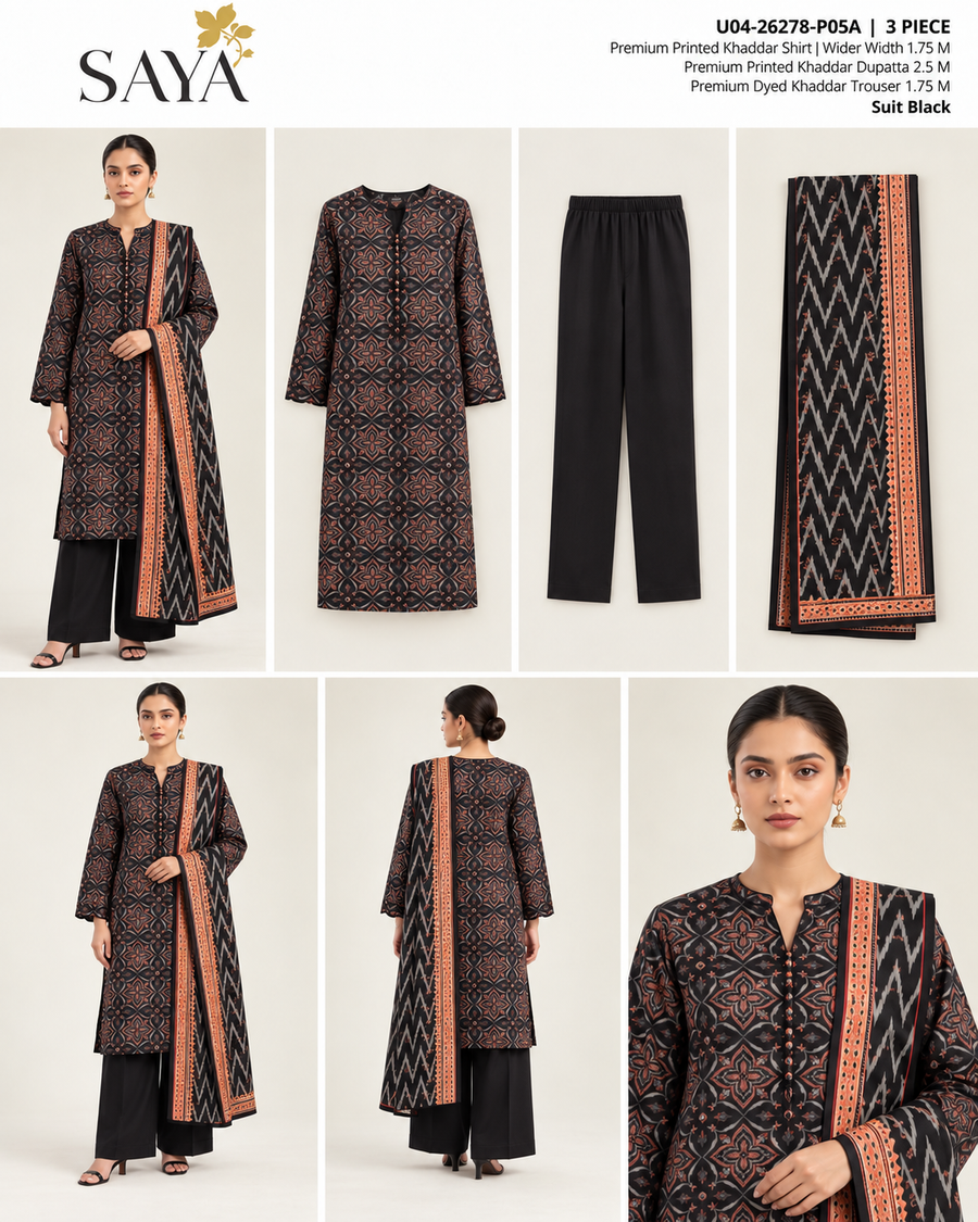 SAYA Black Printed Khaddar 3-Piece Unstitched Suit | U04-26278-P05A - product lookbook