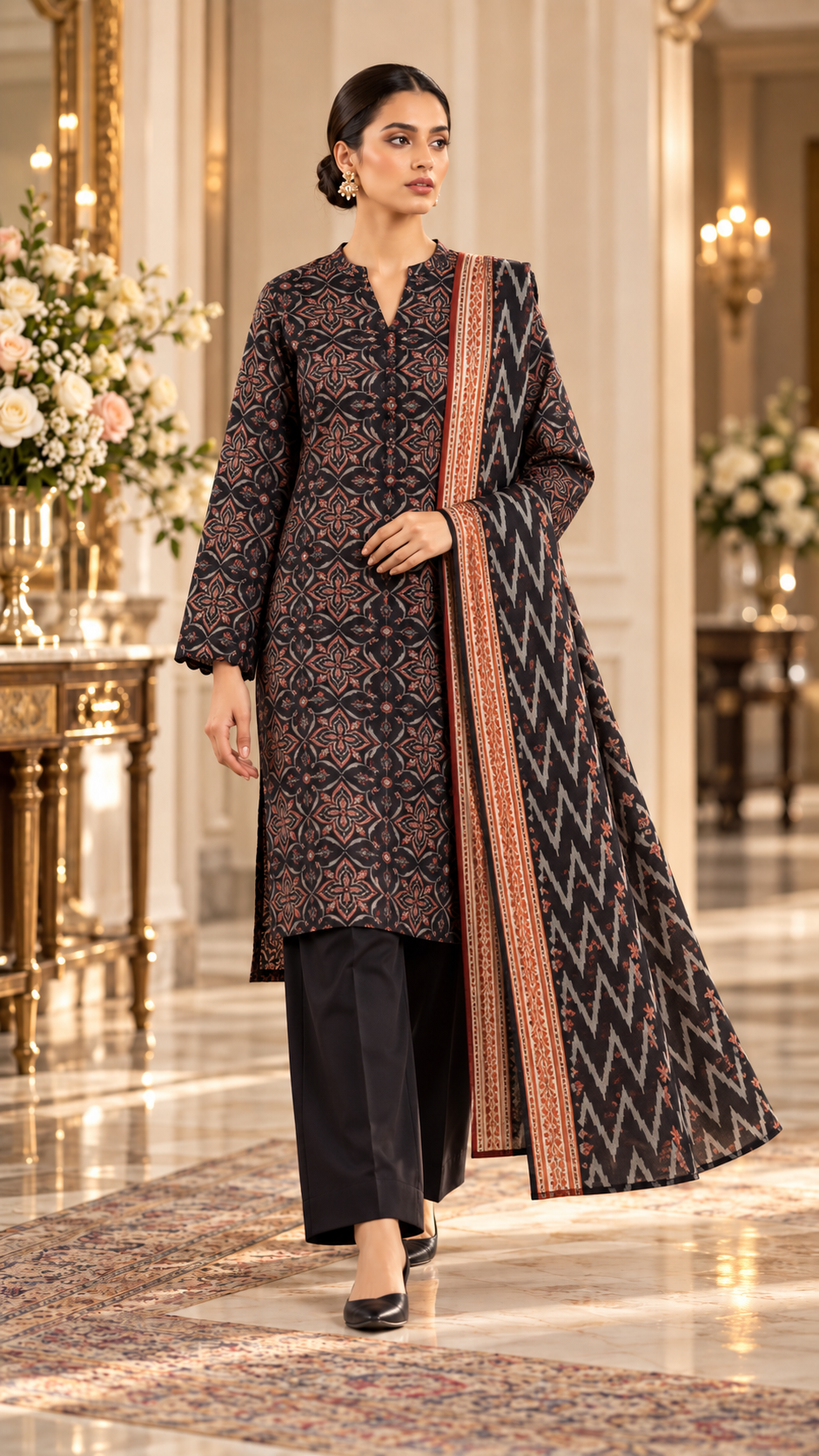 SAYA Black Printed Khaddar 3-Piece Unstitched Suit | U04-26278-P05A - model view