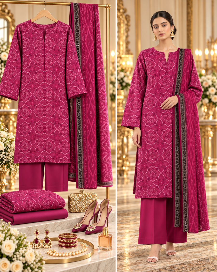 SAYA Magenta Printed Khaddar 3-Piece Unstitched Suit | U04-26278-P05B - styled showcase