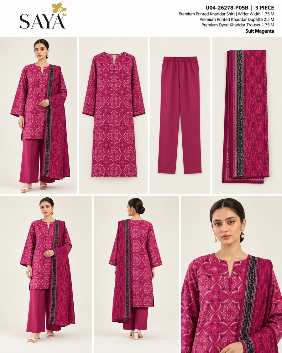 SAYA Magenta Printed Khaddar 3-Piece Unstitched Suit | U04-26278-P05B - product lookbook