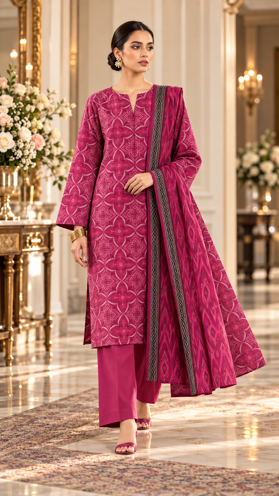 SAYA Magenta Printed Khaddar 3-Piece Unstitched Suit | U04-26278-P05B - model view