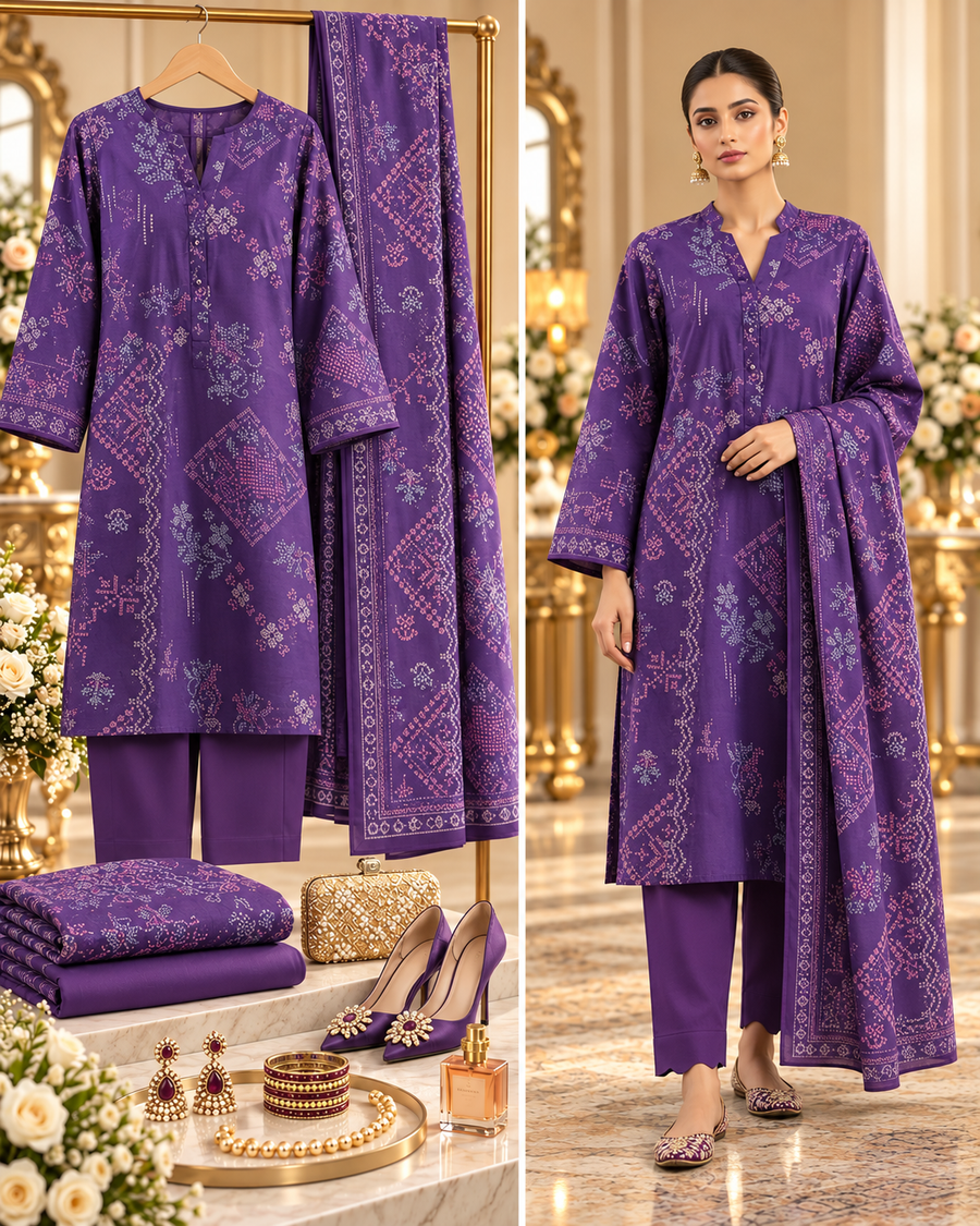 SAYA Dark Purple Printed Khaddar 3-Piece Unstitched Suit | U04-26280-P04A - styled showcase