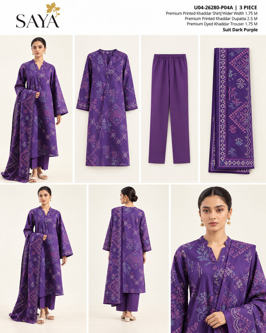 SAYA Dark Purple Printed Khaddar 3-Piece Unstitched Suit | U04-26280-P04A - product lookbook