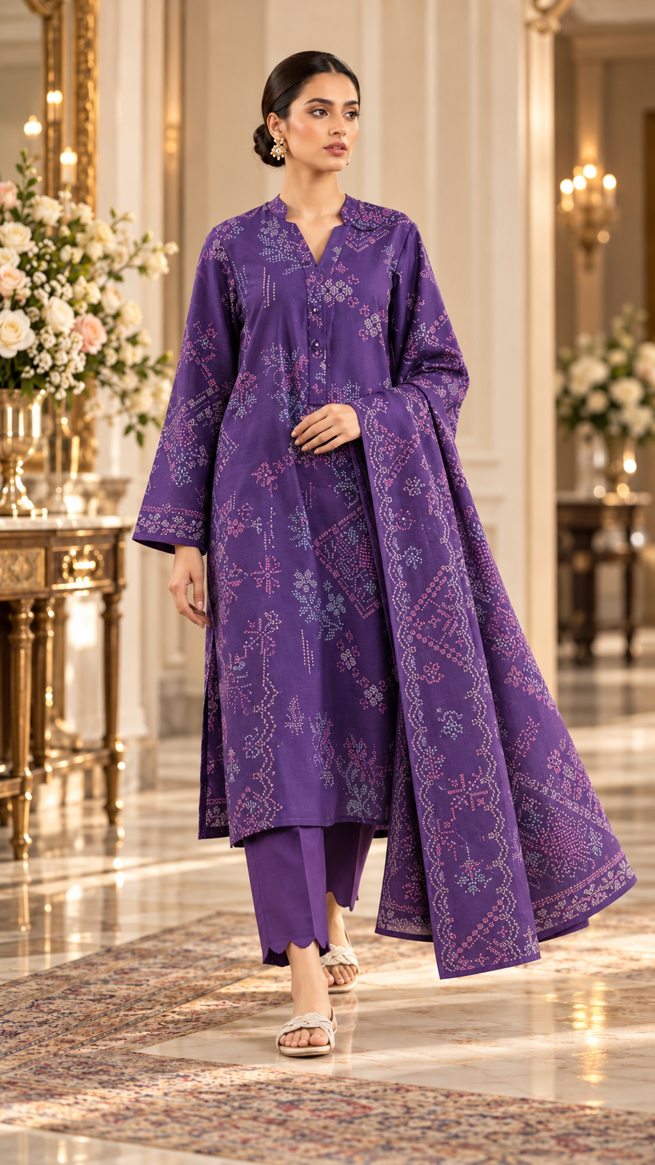 SAYA Dark Purple Printed Khaddar 3-Piece Unstitched Suit | U04-26280-P04A - model view