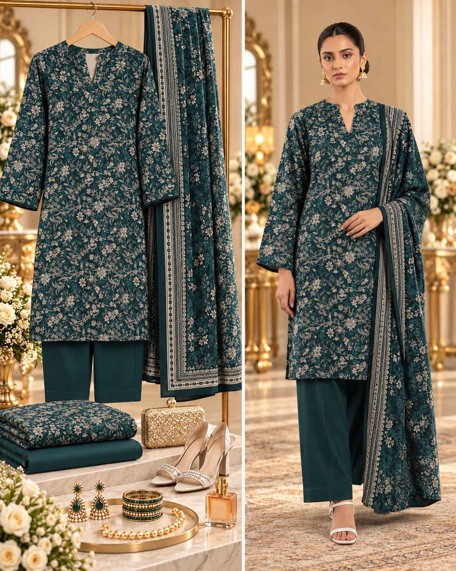 SAYA Dark Green Printed Khaddar 3-Piece Unstitched Suit | U04-26291-P03A - styled showcase