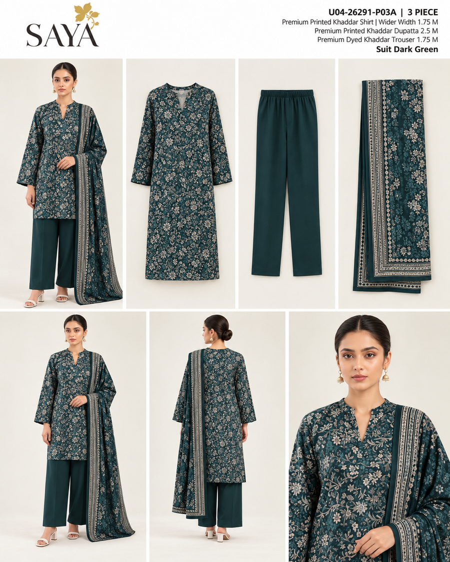 SAYA Dark Green Printed Khaddar 3-Piece Unstitched Suit | U04-26291-P03A - product lookbook