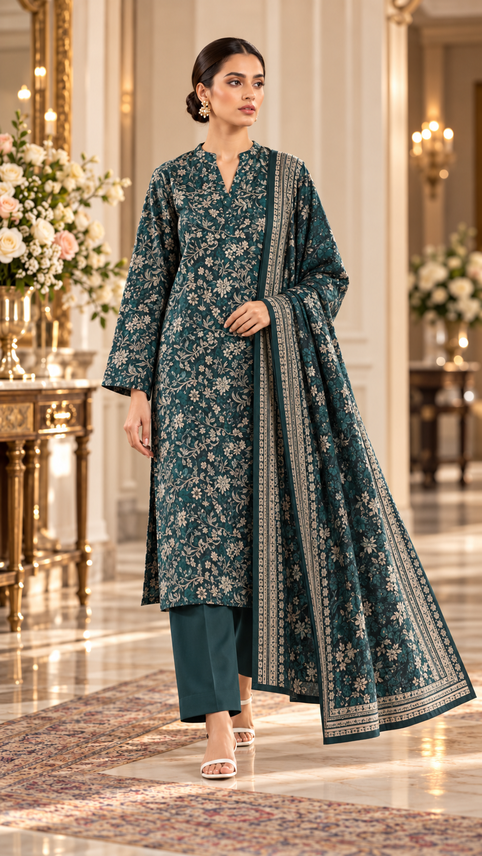 SAYA Dark Green Printed Khaddar 3-Piece Unstitched Suit | U04-26291-P03A - model view