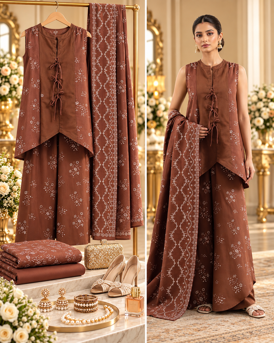SAYA Brown Printed Khaddar 3-Piece Unstitched Suit | U04-26613-P01B - styled showcase