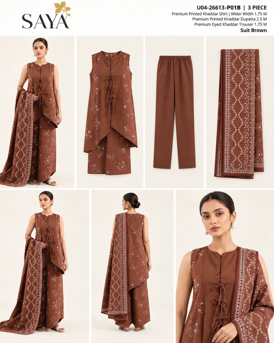 SAYA Brown Printed Khaddar 3-Piece Unstitched Suit | U04-26613-P01B - product lookbook