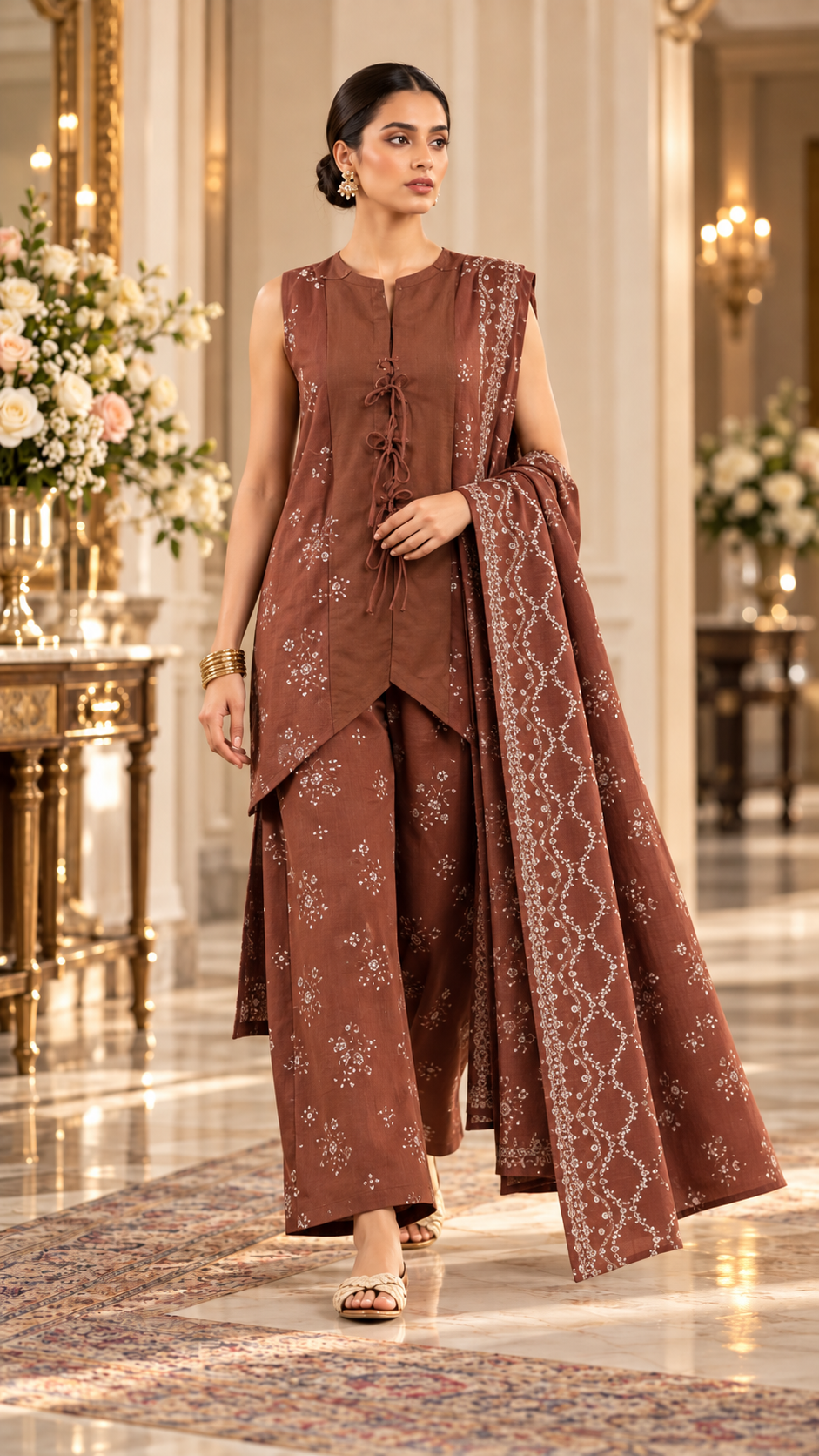 SAYA Brown Printed Khaddar 3-Piece Unstitched Suit | U04-26613-P01B - model view