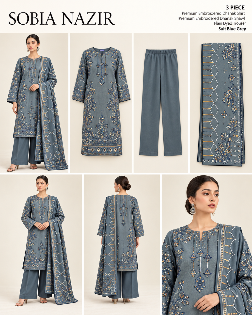 Sobia Nazir Blue Grey Premium Embroidered Dhanak 3-Piece Unstitched Suit - product lookbook