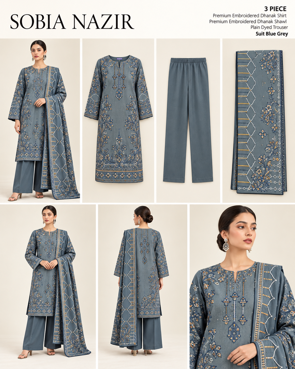Sobia Nazir Blue Grey Premium Embroidered Dhanak 3-Piece Unstitched Suit - product lookbook
