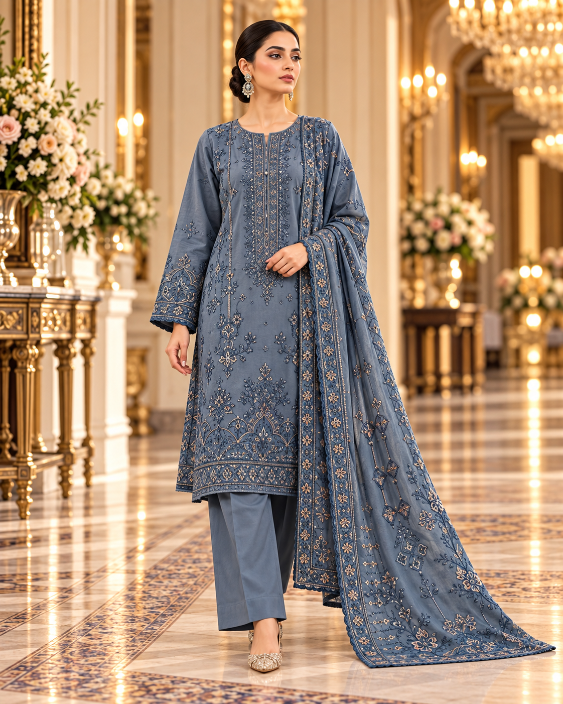 Sobia Nazir Blue Grey Premium Embroidered Dhanak 3-Piece Unstitched Suit - walking model
