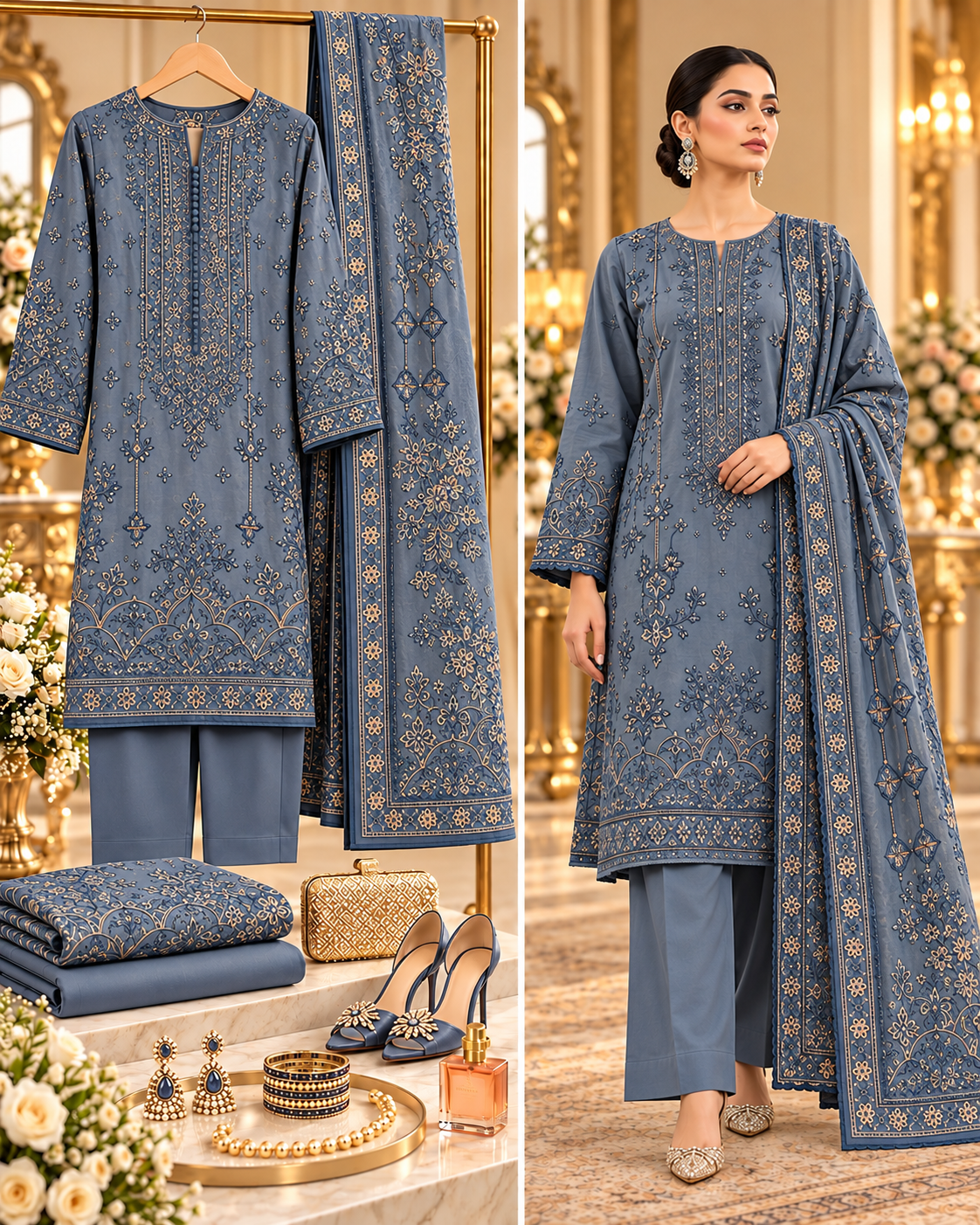 Sobia Nazir Blue Grey Premium Embroidered Dhanak 3-Piece Unstitched Suit - styled showcase