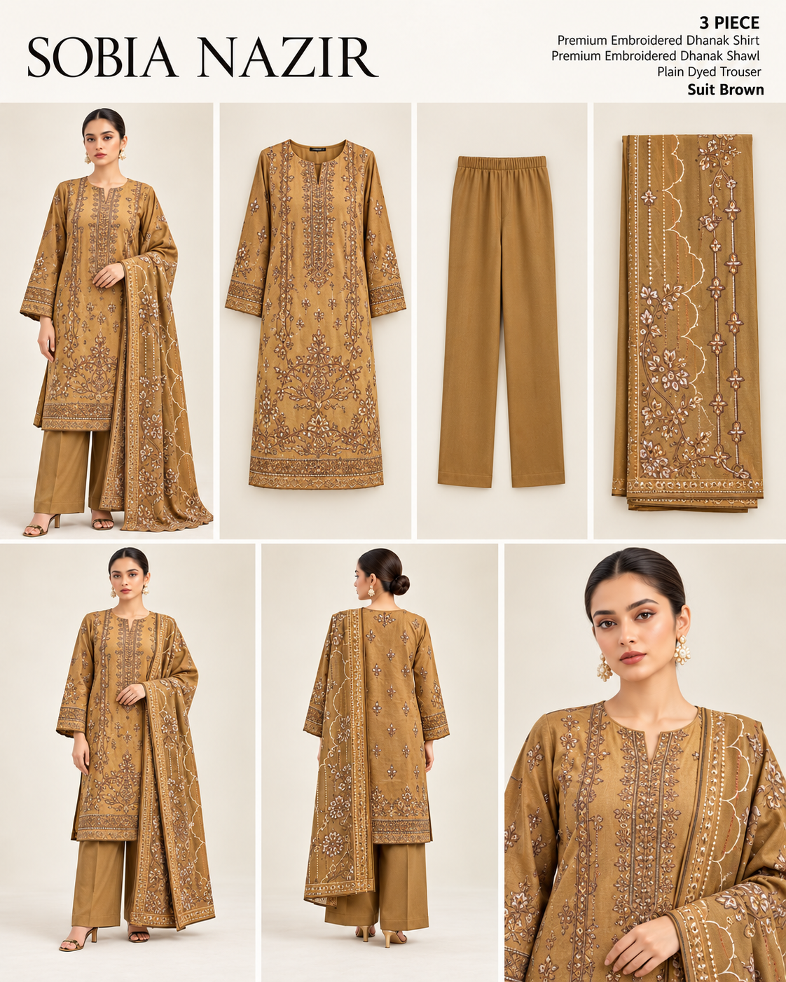 Sobia Nazir Camel Brown Premium Embroidered Dhanak 3-Piece Unstitched Suit - product lookbook