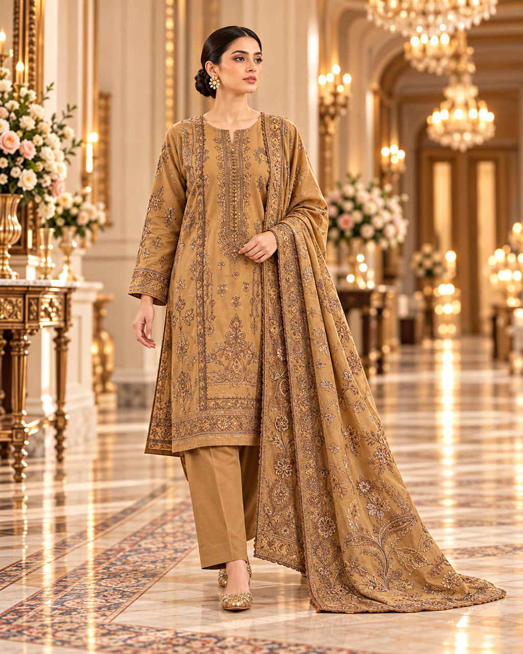 Sobia Nazir Camel Brown Premium Embroidered Dhanak 3-Piece Unstitched Suit - walking model