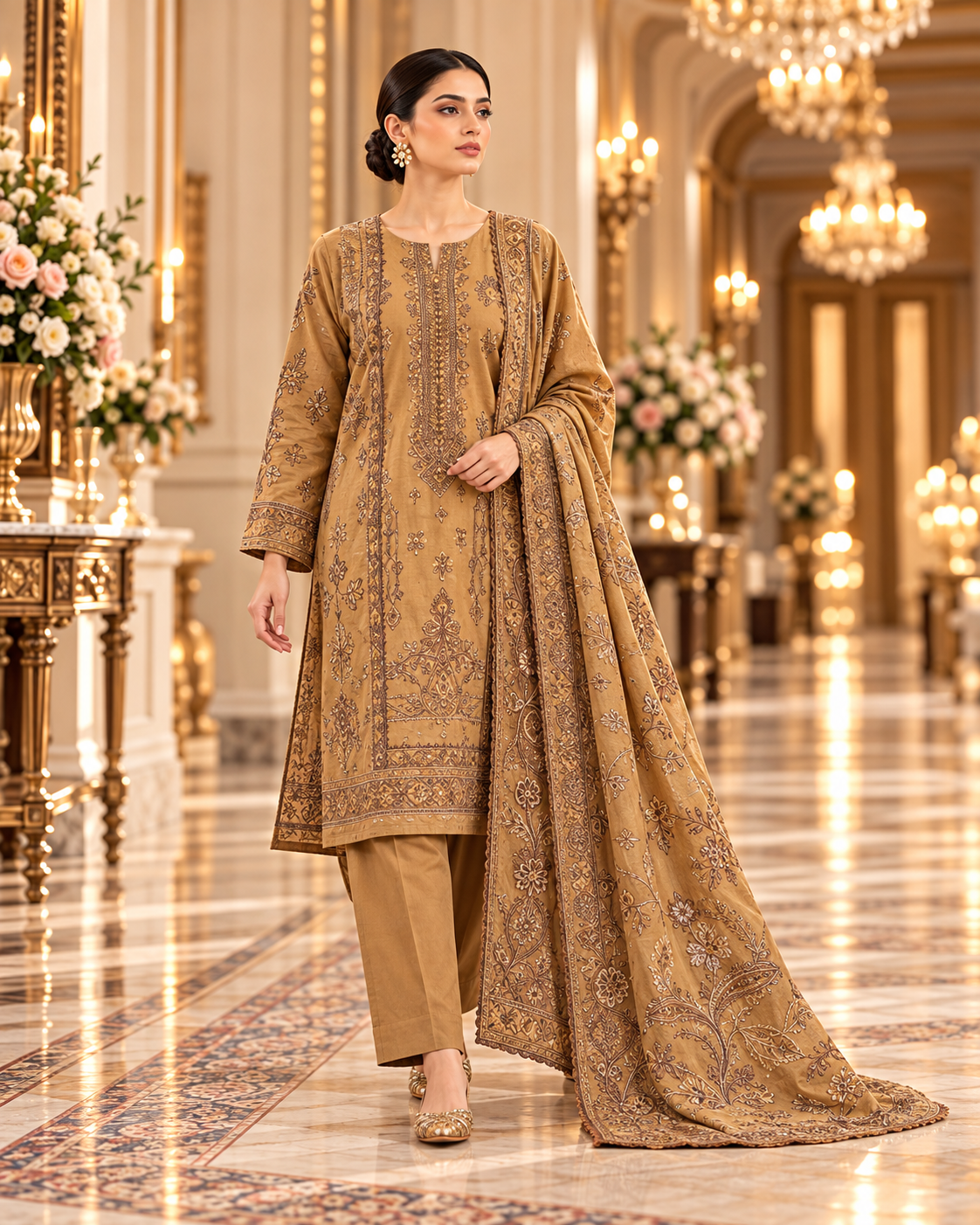 Sobia Nazir Camel Brown Premium Embroidered Dhanak 3-Piece Unstitched Suit - walking model