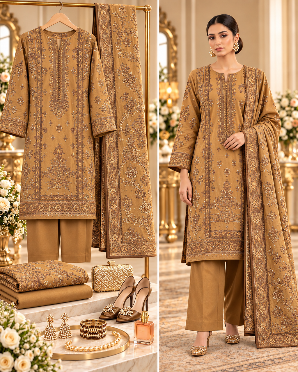 Sobia Nazir Camel Brown Premium Embroidered Dhanak 3-Piece Unstitched Suit - styled showcase
