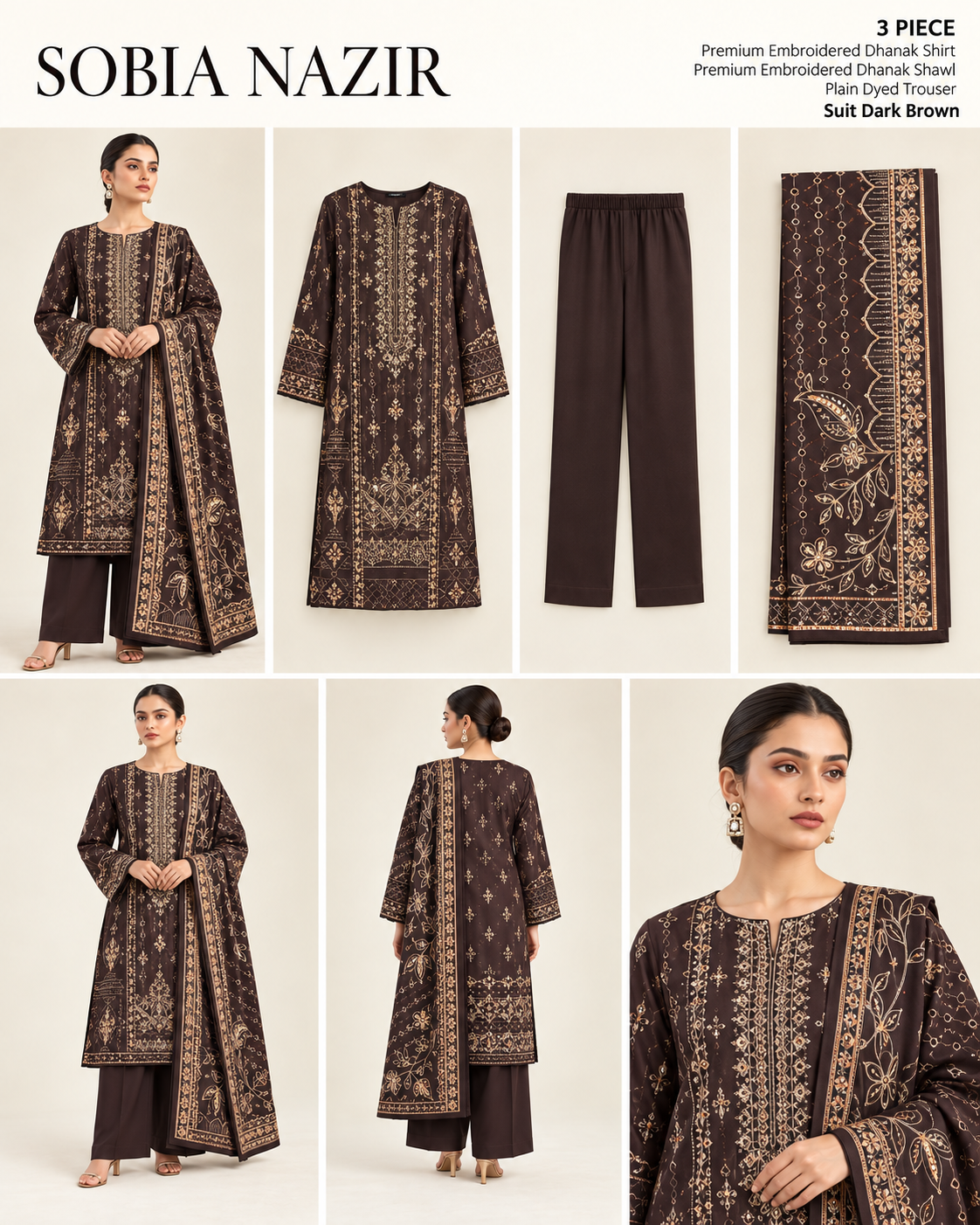 Sobia Nazir Dark Brown Premium Embroidered Dhanak 3-Piece Unstitched Suit - product lookbook