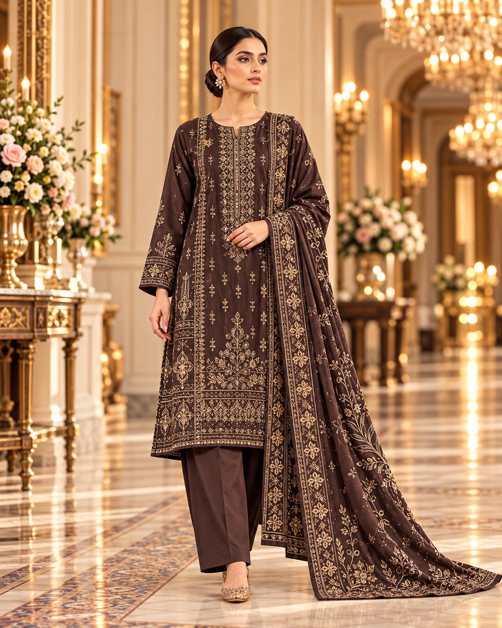 Sobia Nazir Dark Brown Premium Embroidered Dhanak 3-Piece Unstitched Suit - walking model