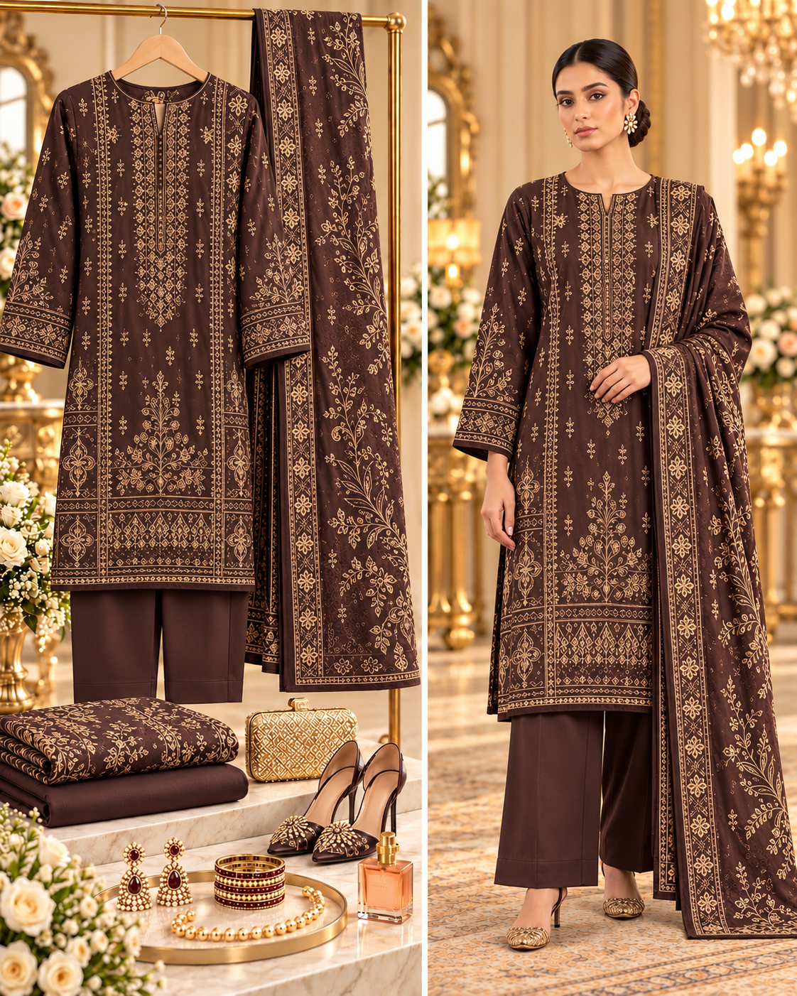 Sobia Nazir Dark Brown Premium Embroidered Dhanak 3-Piece Unstitched Suit - styled showcase