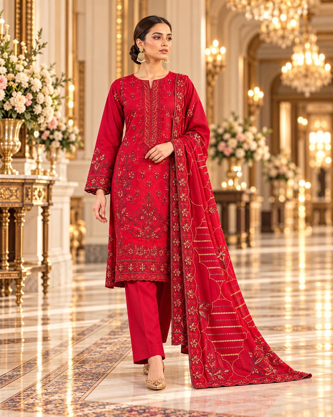 Sobia Nazir Red Premium Embroidered Dhanak 3-Piece Unstitched Suit - walking model