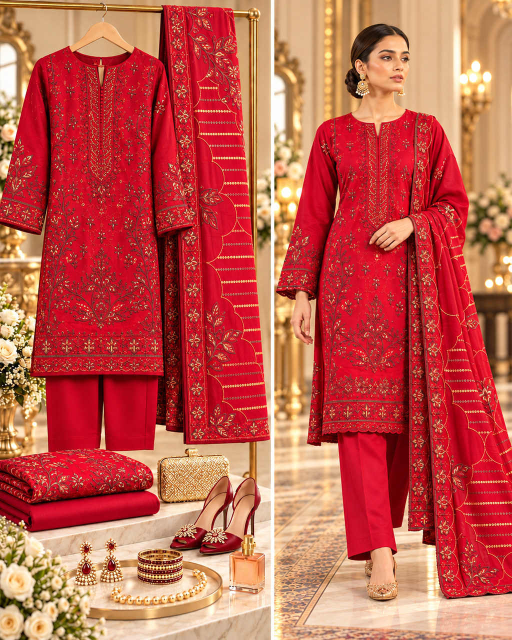 Sobia Nazir Red Premium Embroidered Dhanak 3-Piece Unstitched Suit - styled showcase