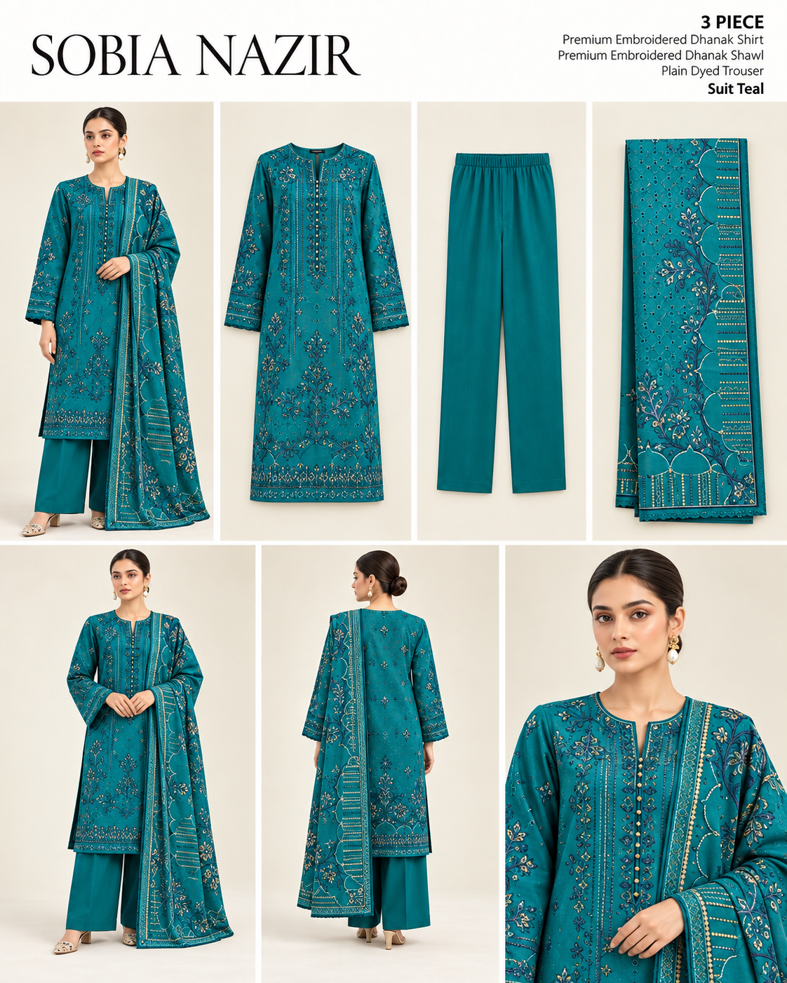 Sobia Nazir Teal Premium Embroidered Dhanak 3-Piece Unstitched Suit - product lookbook