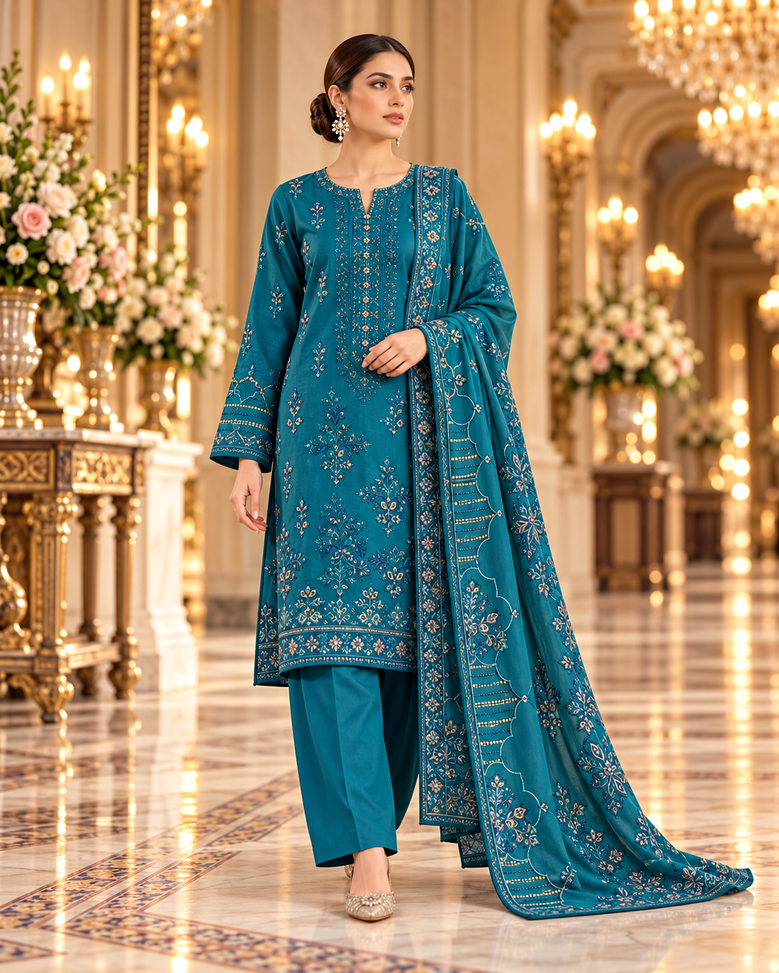 Sobia Nazir Teal Premium Embroidered Dhanak 3-Piece Unstitched Suit - walking model