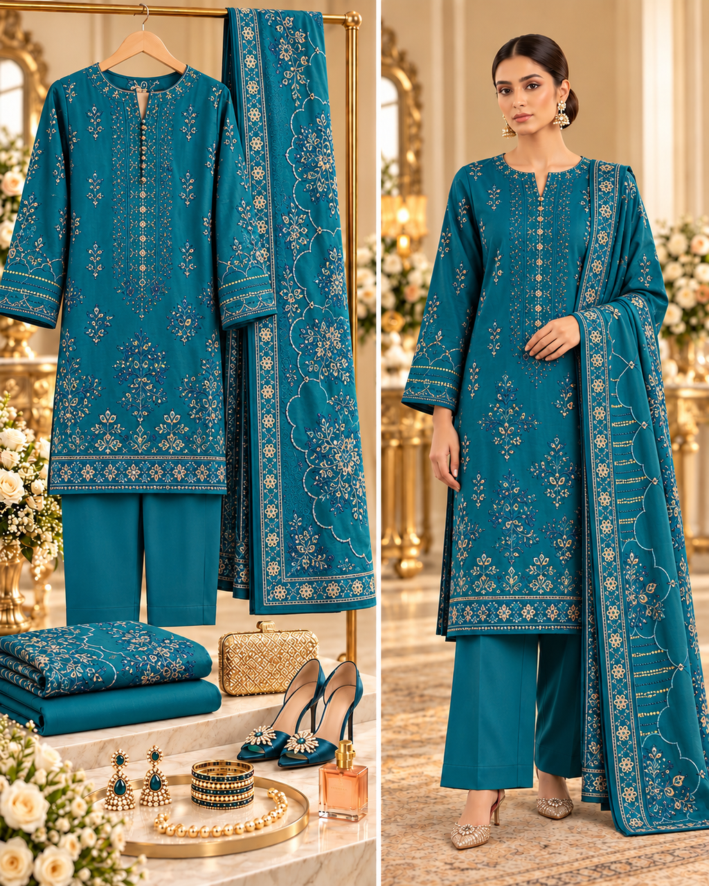 Sobia Nazir Teal Premium Embroidered Dhanak 3-Piece Unstitched Suit - styled showcase